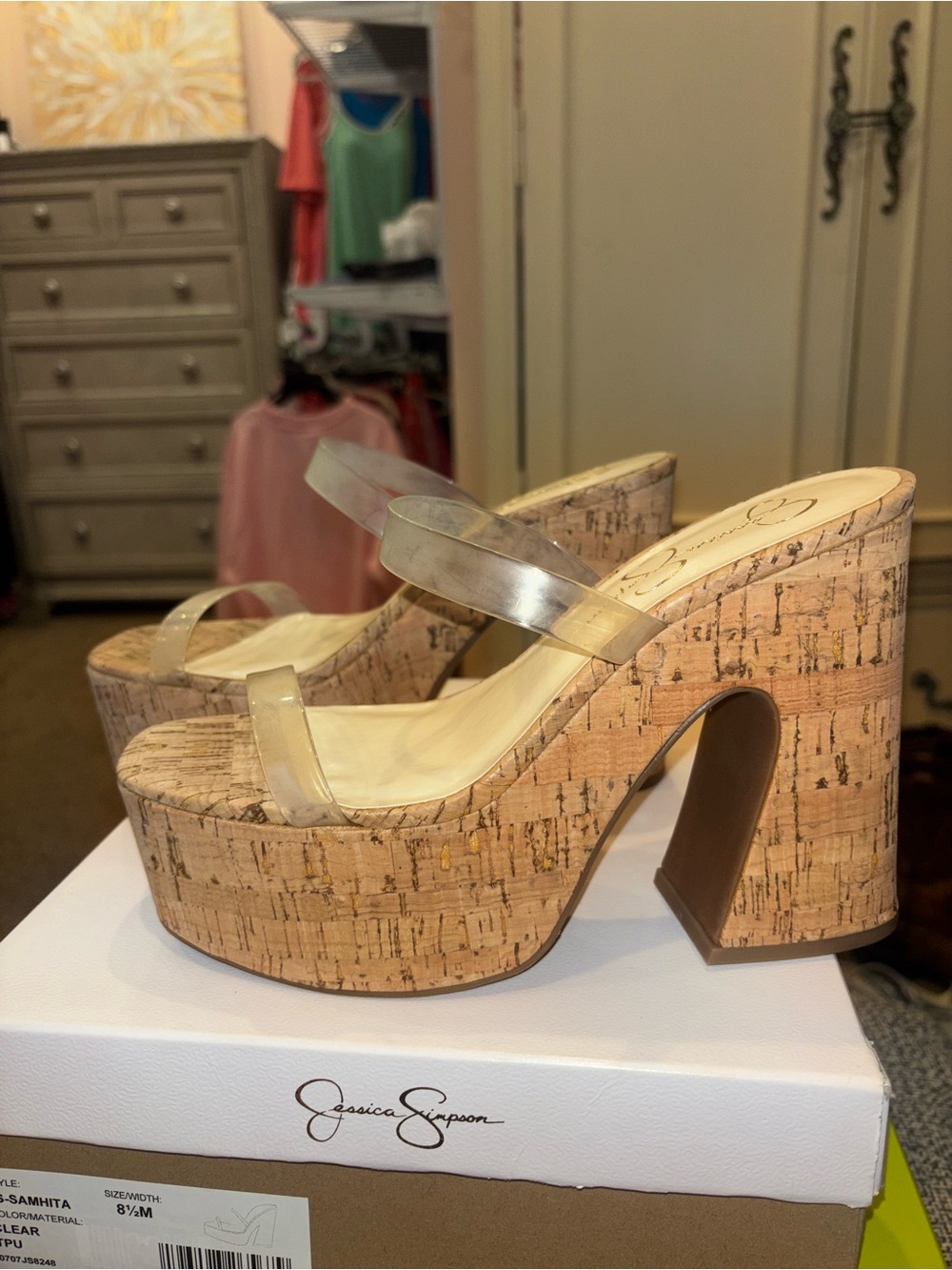 Jessica Simpson Clear Strap Cork Platform Mules - Natural Cork